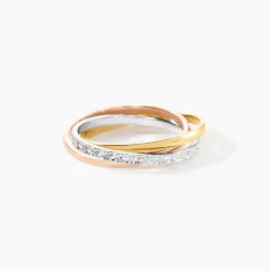 Alliance Entrelacee Diamantee Ruban Plat Or Tricolore