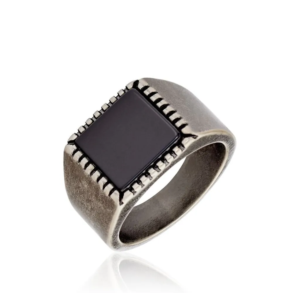Bague Chevalière Acier Vieillit Haris Agate|Marc Orian Discount