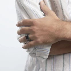 Bague Chevalière Acier Vieillit Haris Agate|Marc Orian Discount