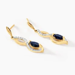 Boucles D'oreilles Pendantes Ondulations Or Jaune Saphir Diamant