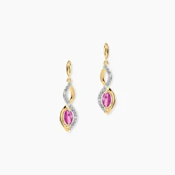 Boucles D'oreilles Pendantes Ondulations Or Bicolore Rubis Et Diamant