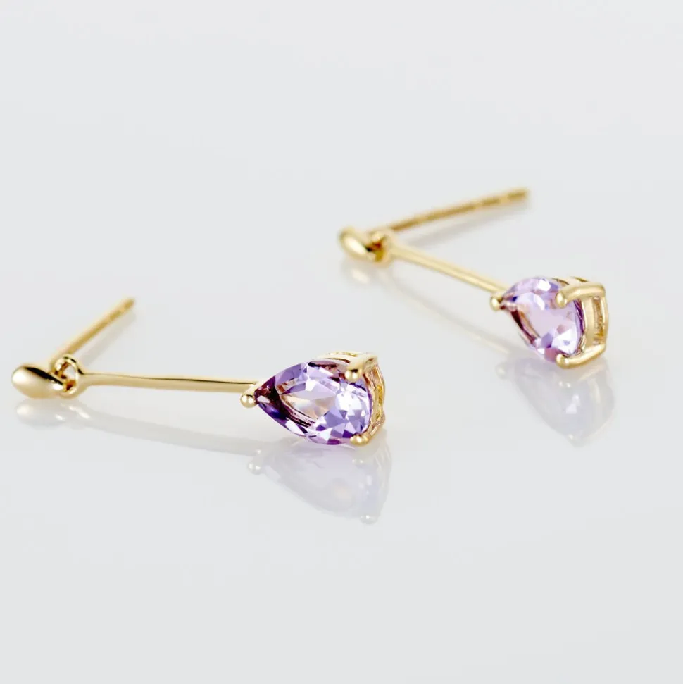 Boucles D'oreilles Pendantes Goutte Or Jaune Amethyste