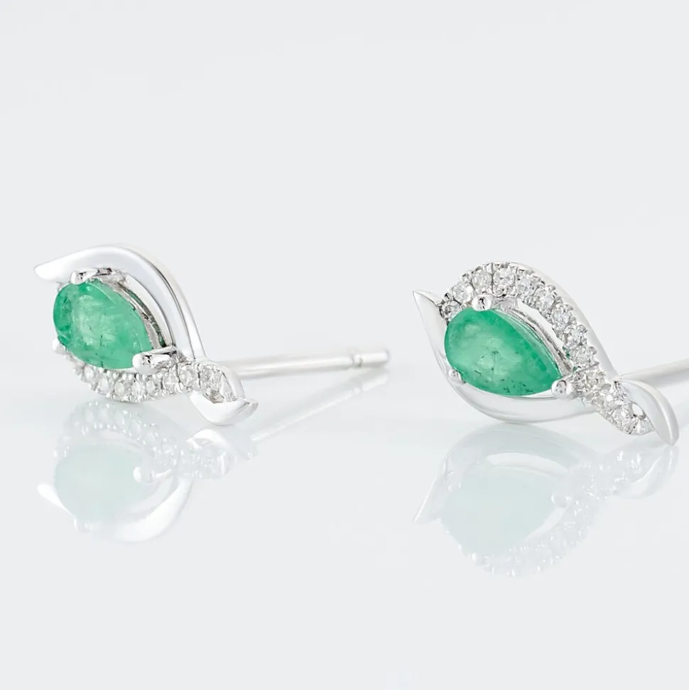 Boucles D'oreilles Puces Angelika Or Blanc Emeraude Et Diamant