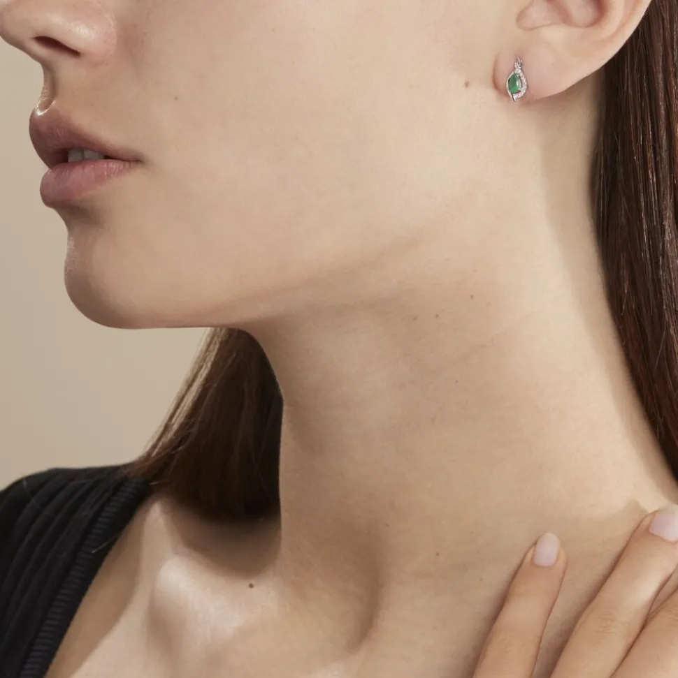 Boucles D'oreilles Puces Angelika Or Blanc Emeraude Et Diamant