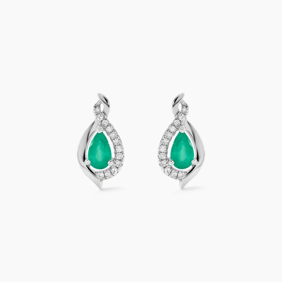 Boucles D'oreilles Puces Angelika Or Blanc Emeraude Et Diamant