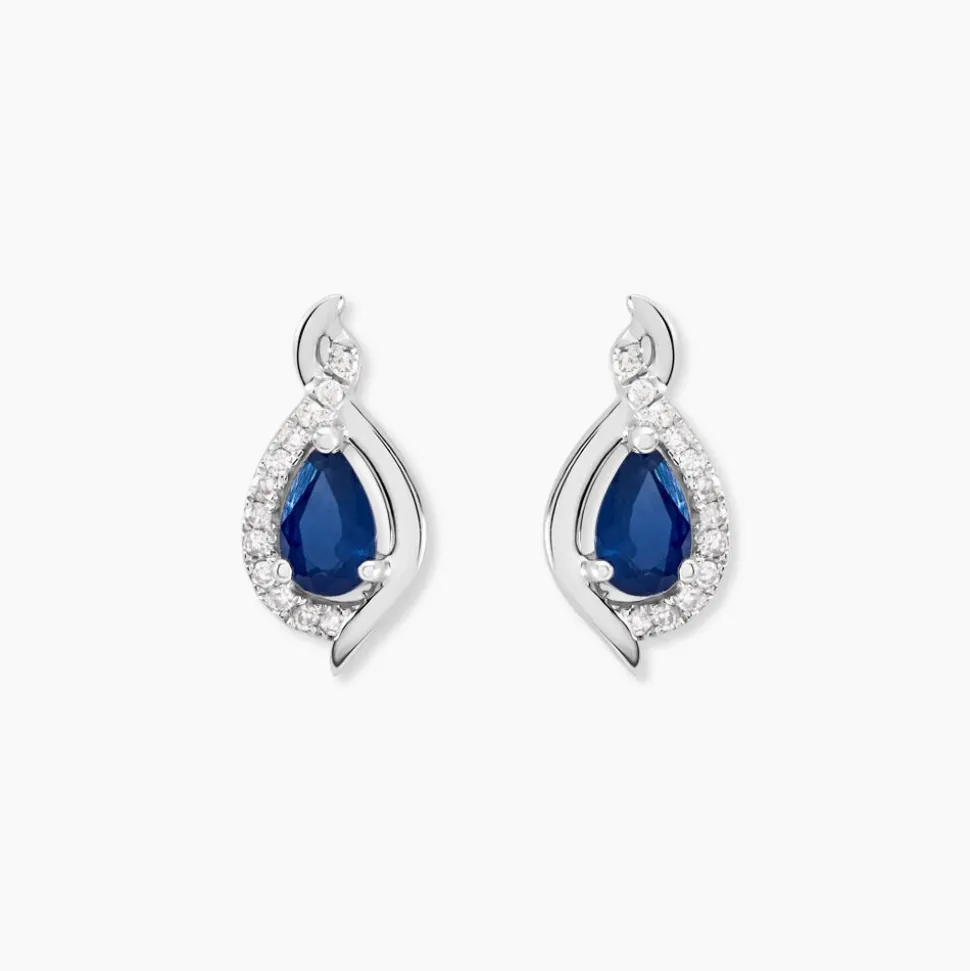 Boucles D'oreilles Puces Angelika Or Blanc Saphir Et Diamant
