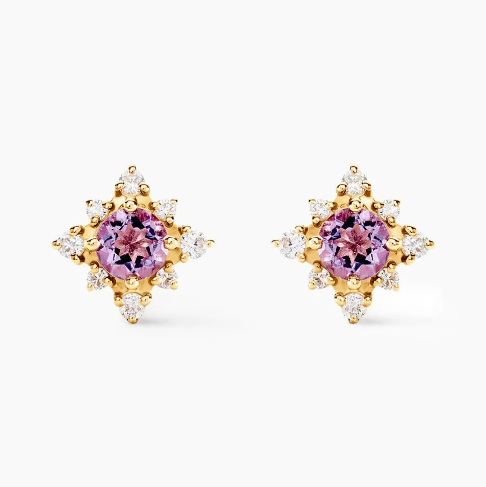 Boucles D'oreilles Puces Astrithr Or Jaune Améthyste Oxydes