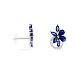 Boucles D'oreilles Puces Bouquet Or Blanc Saphir Et Diamant