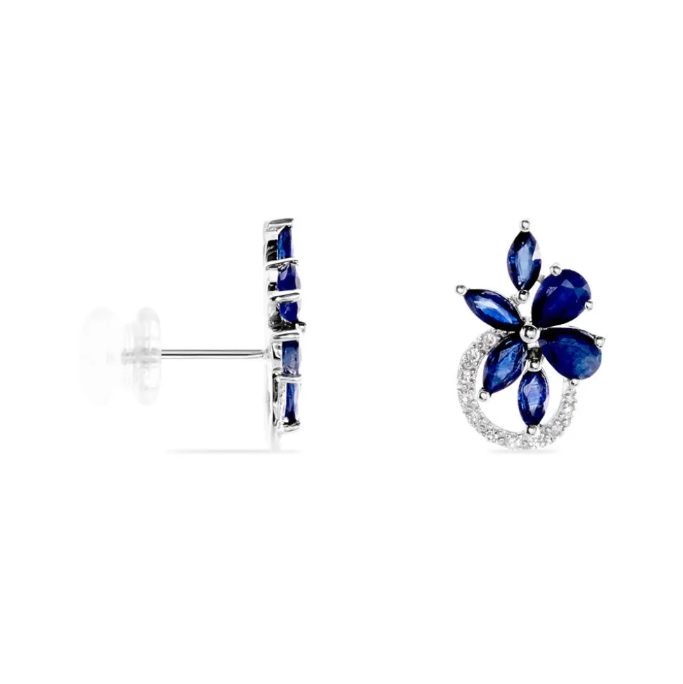 Boucles D'oreilles Puces Bouquet Or Blanc Saphir Et Diamant