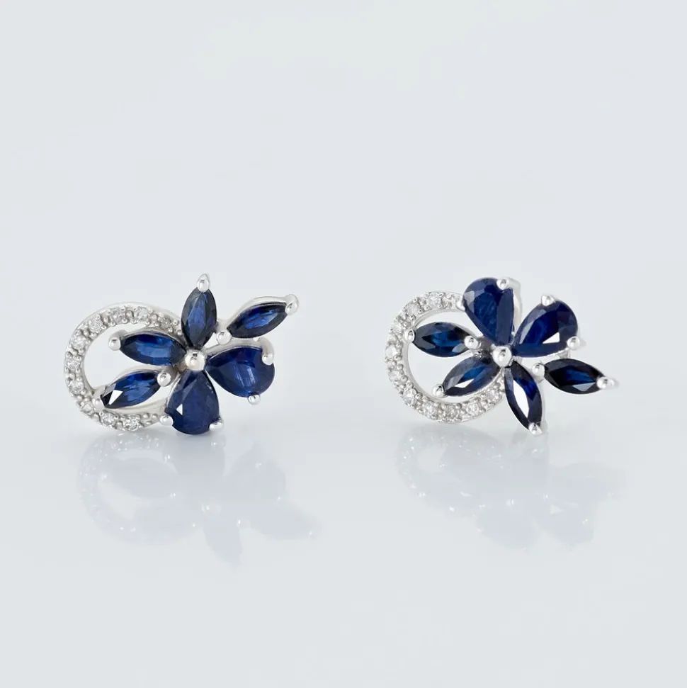 Boucles D'oreilles Puces Bouquet Or Blanc Saphir Et Diamant