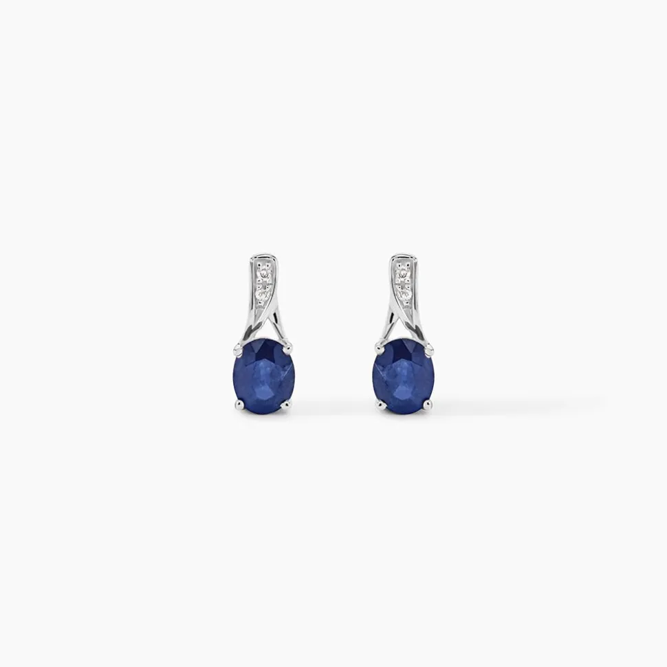 Boucles D'oreilles Puces Charmante Or Blanc Saphir Et Diamant