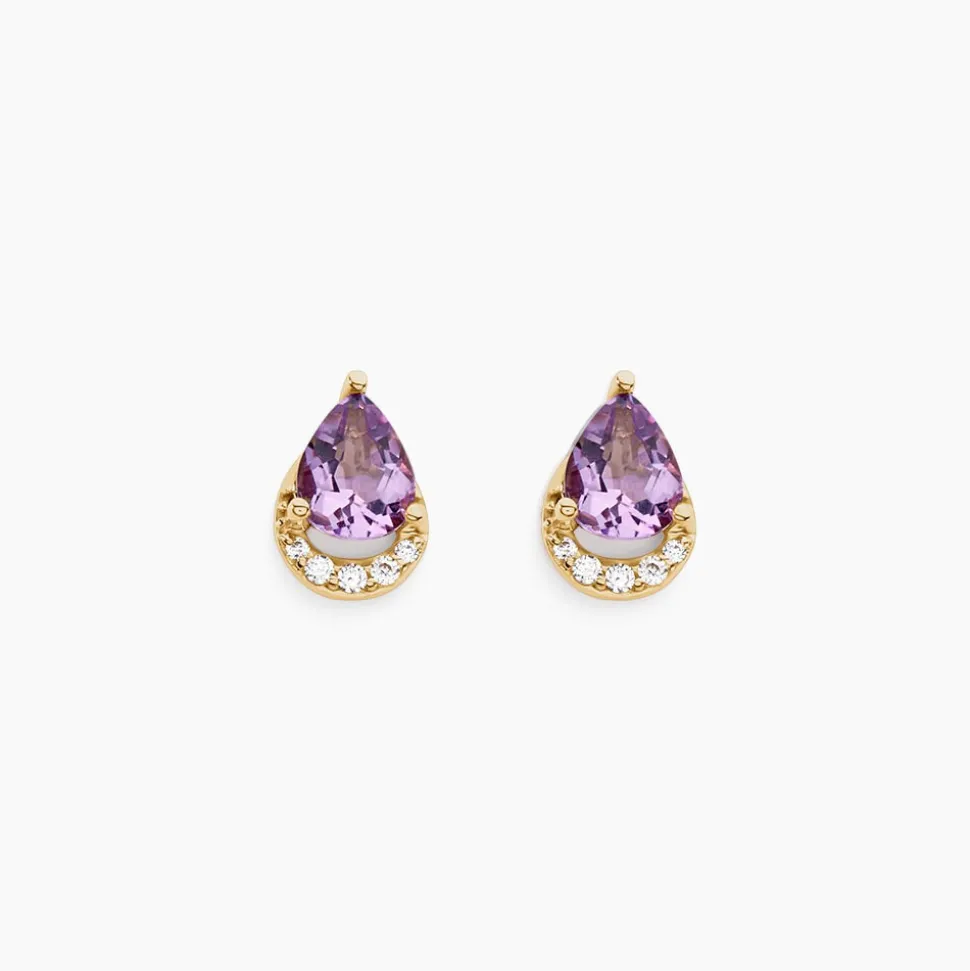Boucles D'oreilles Puces Dinis Or Jaune Améthyste Oxyde De Zirconium