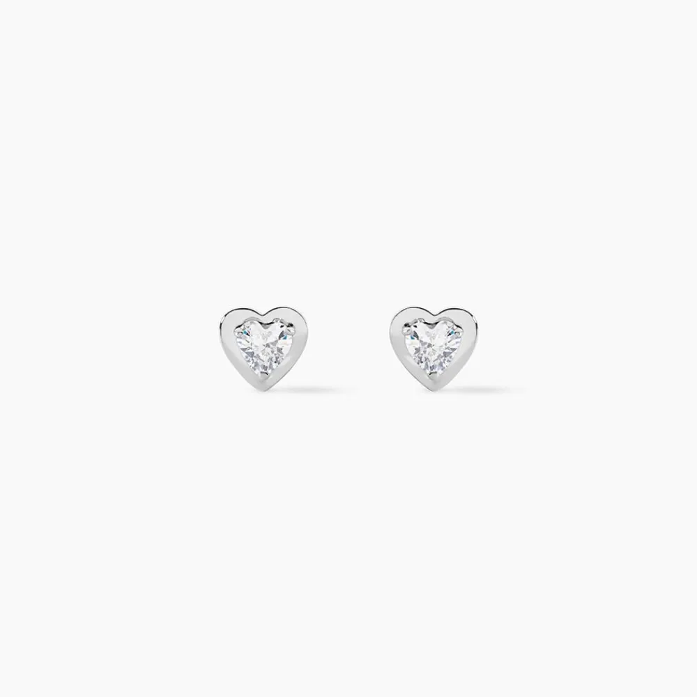 Boucles D'oreilles Puces Dot Coeur Plein Or Blanc Oxyde De Zirconium|Marc Orian Outlet