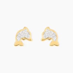 Boucles D'oreilles Puces Edmee Dauphin Or Jaune Strass