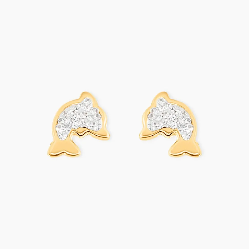 Boucles D'oreilles Puces Edmee Dauphin Or Jaune Strass