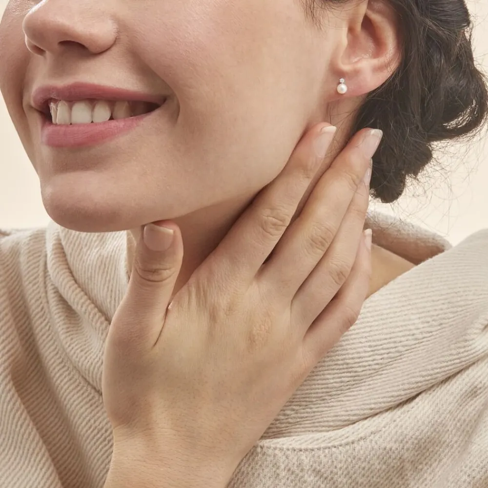 Boucles D'oreilles Puces Eolande Or Blanc Perle De Culture Et Oxyde|Marc Orian Outlet