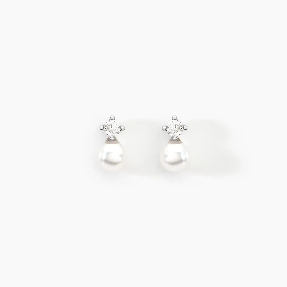 Boucles D'oreilles Puces Eolande Or Blanc Perle De Culture Et Oxyde|Marc Orian Outlet