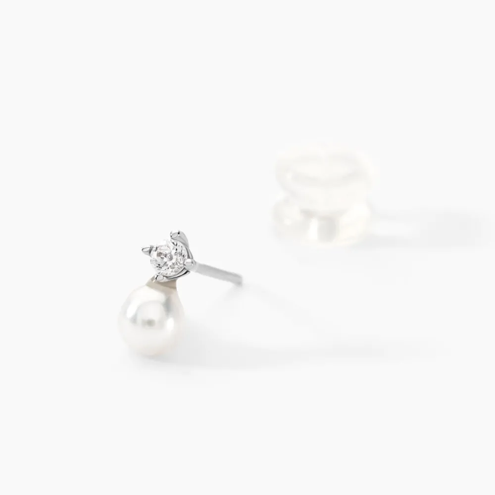 Boucles D'oreilles Puces Eolande Or Blanc Perle De Culture Et Oxyde|Marc Orian Outlet
