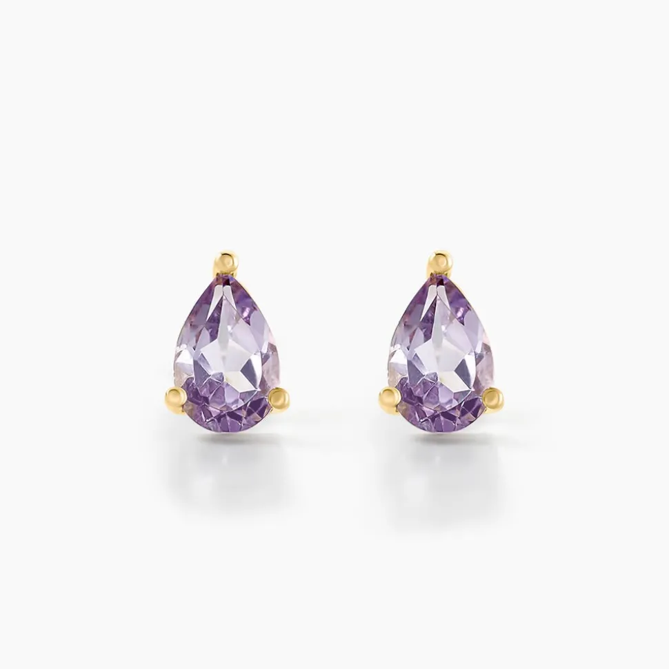 Boucles D'oreilles Puces Goutte Or Jaune Améthyste