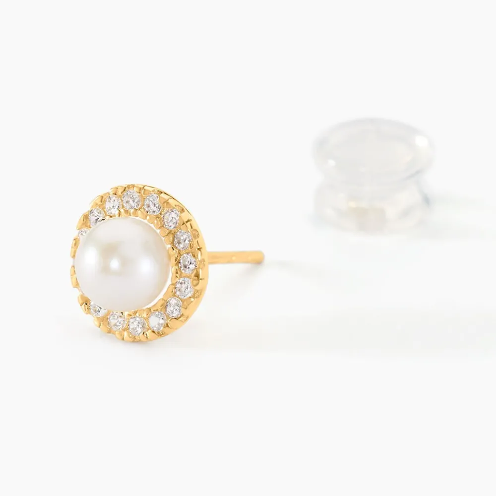 Boucles D'oreilles Puces Grizel Or Jaune Perle De Culture Et Oxyde|Marc Orian Best