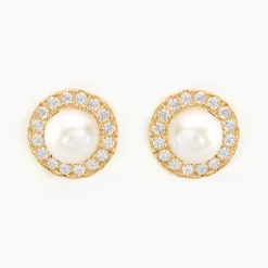 Boucles D'oreilles Puces Grizel Or Jaune Perle De Culture Et Oxyde|Marc Orian Best