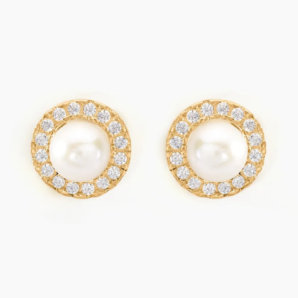 Boucles D'oreilles Puces Grizel Or Jaune Perle De Culture Et Oxyde|Marc Orian Best