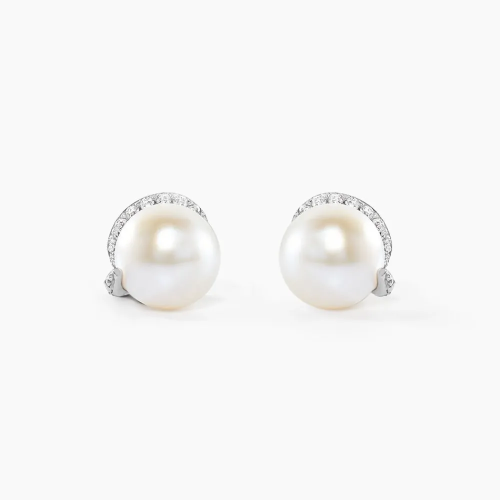 Boucles D'oreilles Puces Lucinda Or Blanc Perle De Culture Et Oxyde|Marc Orian Online