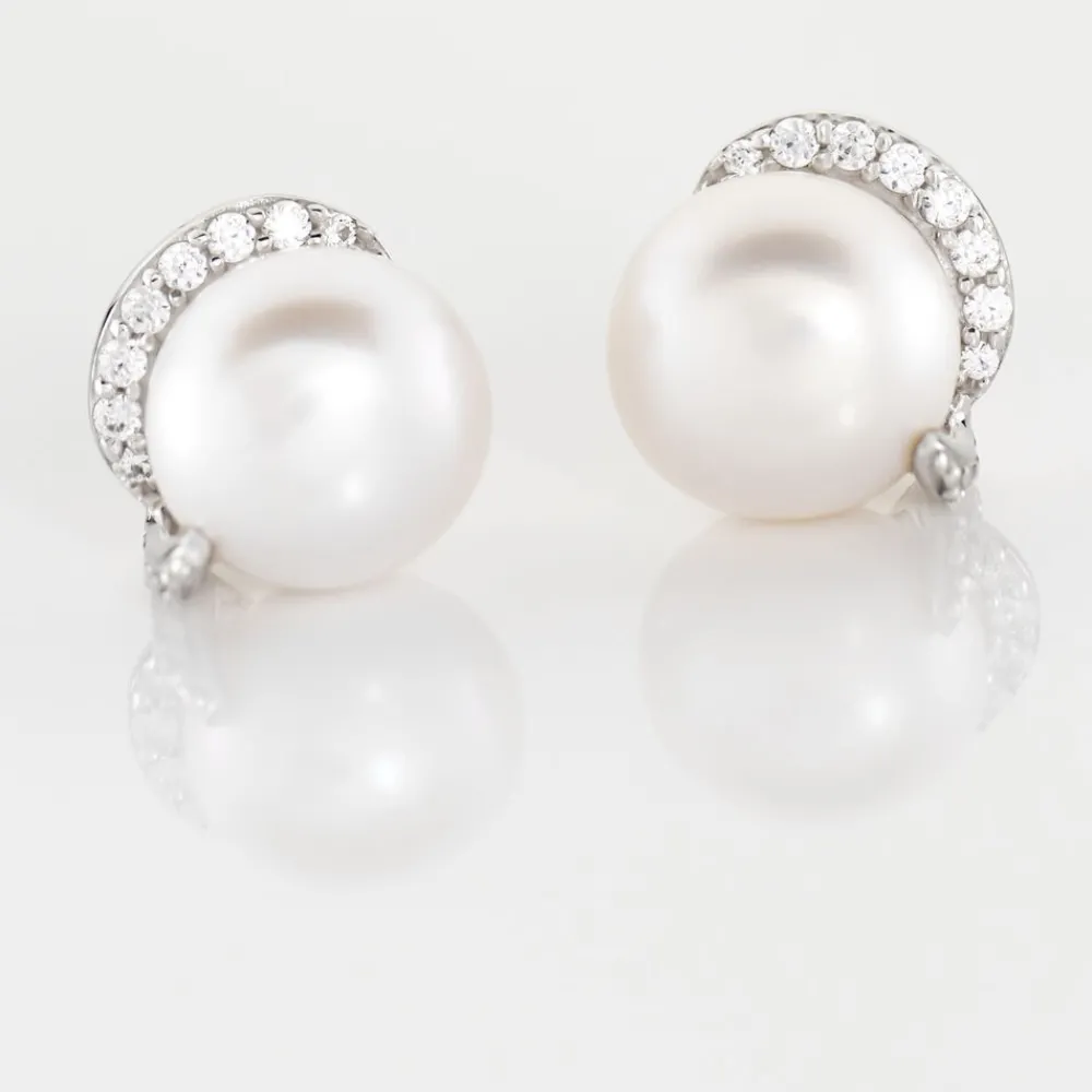 Boucles D'oreilles Puces Lucinda Or Blanc Perle De Culture Et Oxyde|Marc Orian Online
