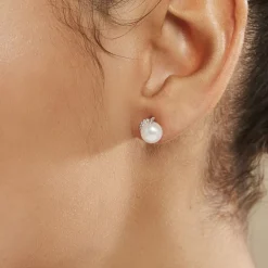 Boucles D'oreilles Puces Lucinda Or Blanc Perle De Culture Et Oxyde|Marc Orian Online