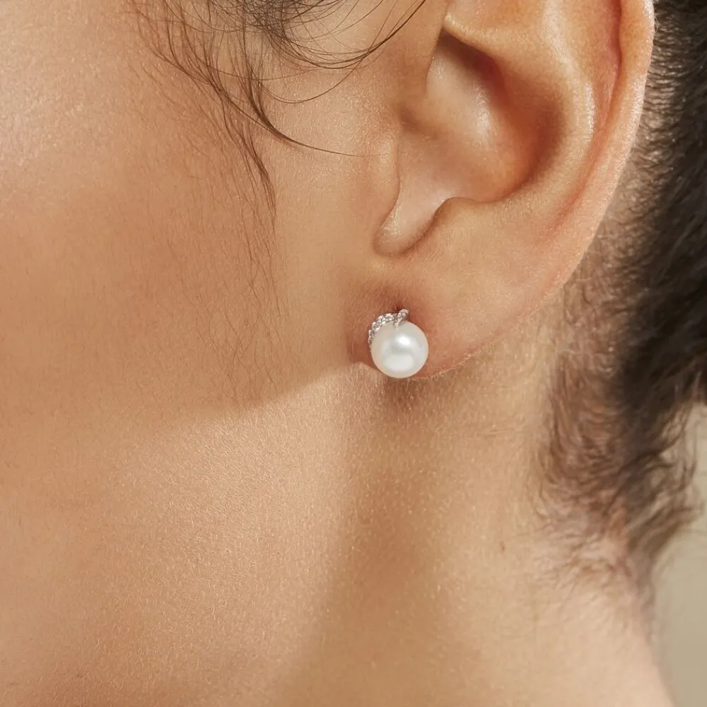 Boucles D'oreilles Puces Lucinda Or Blanc Perle De Culture Et Oxyde|Marc Orian Online