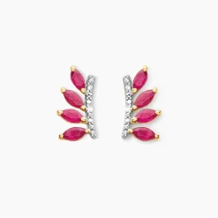 Boucles D'oreilles Puces Navette Or Jaune Rubis Diamant