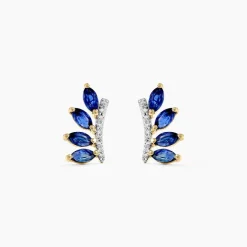 Boucles D'oreilles Puces Navette Or Jaune Saphir Diamant