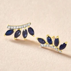 Boucles D'oreilles Puces Navette Or Jaune Saphir Diamant