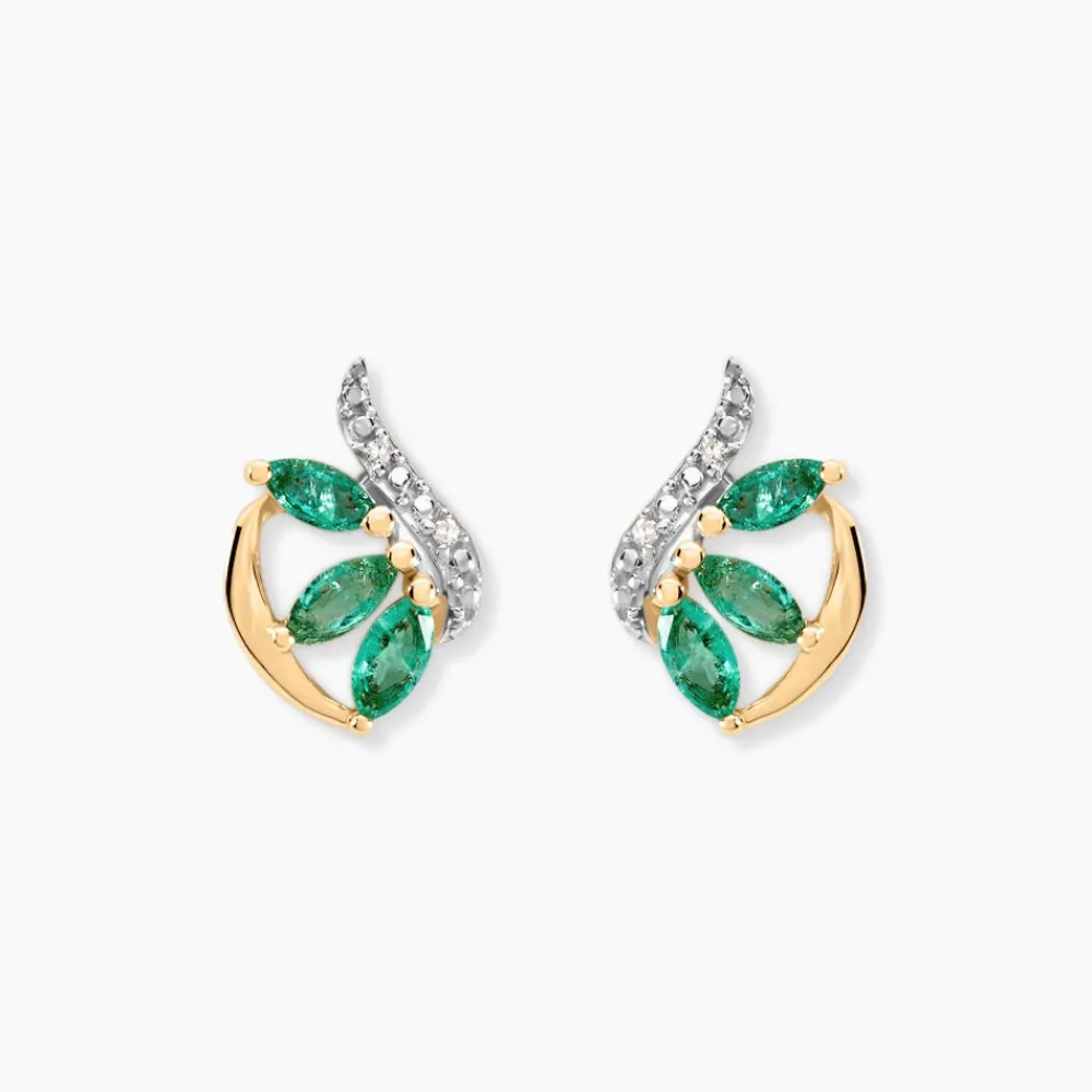 Boucles D'oreilles Puces Or Bicolore Petale Emeraude Diamant|Marc Orian Sale