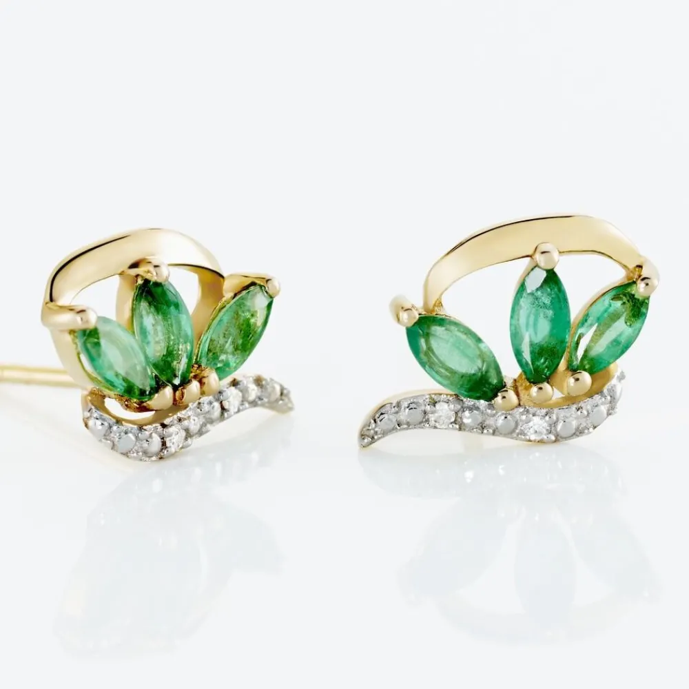 Boucles D'oreilles Puces Or Bicolore Petale Emeraude Diamant|Marc Orian Sale