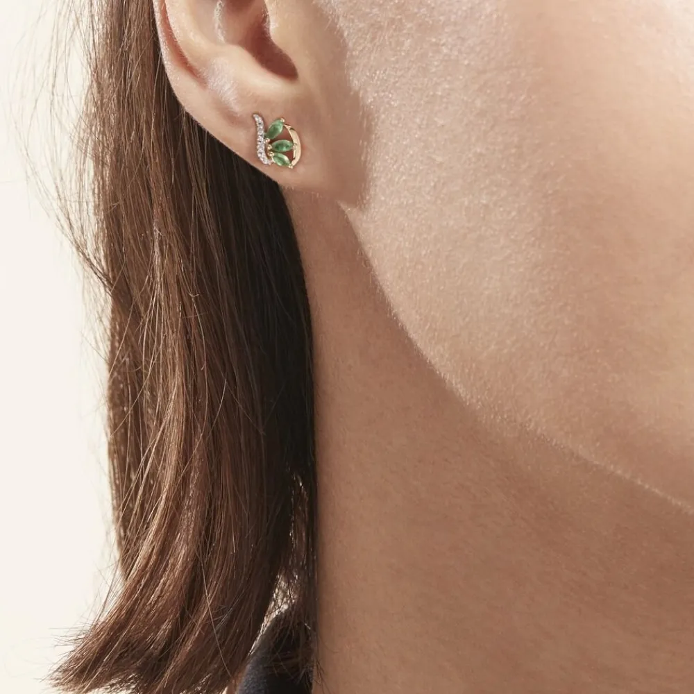 Boucles D'oreilles Puces Or Bicolore Petale Emeraude Diamant|Marc Orian Sale