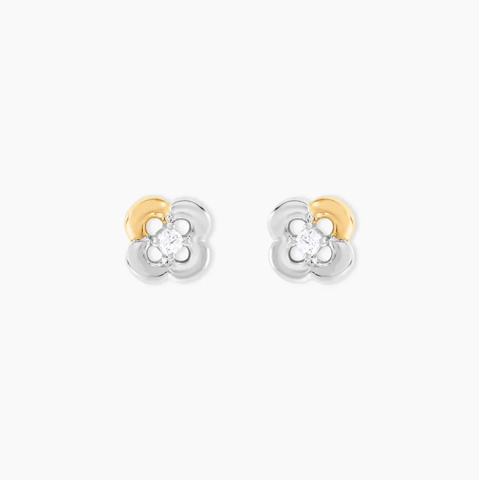 Boucles D'Oreilles Puces Or Jaune Argent Blanc Oxyde De Zirconium