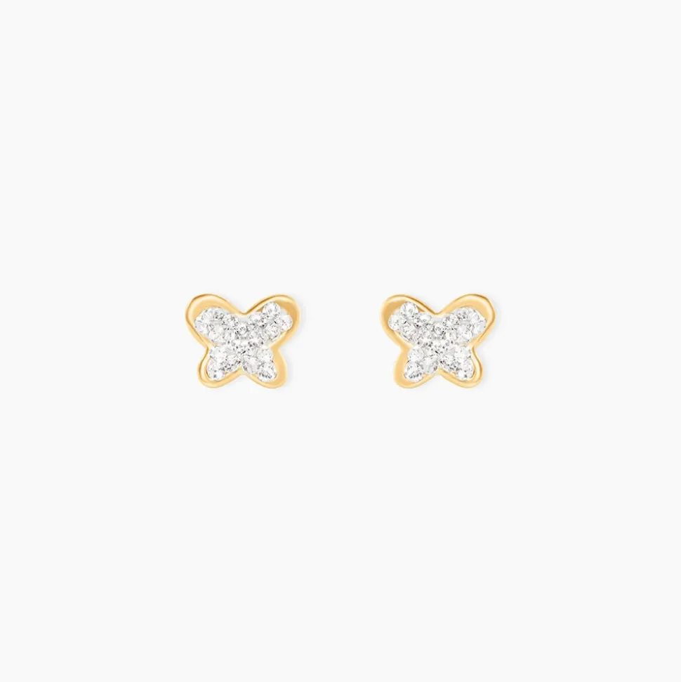 Boucles D'oreilles Puces Or Jaune Cercis Strass