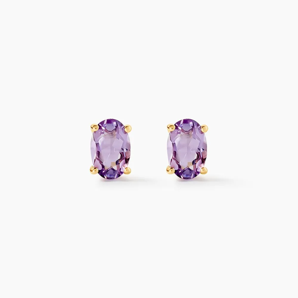 Boucles D'oreilles Puces Ovale Serti Griffe Or Jaune Amethyste|Marc Orian