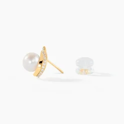 Boucles D'oreilles Puces Pearly Or Jaune Perle De Culture Et Oxyde|Marc Orian Online