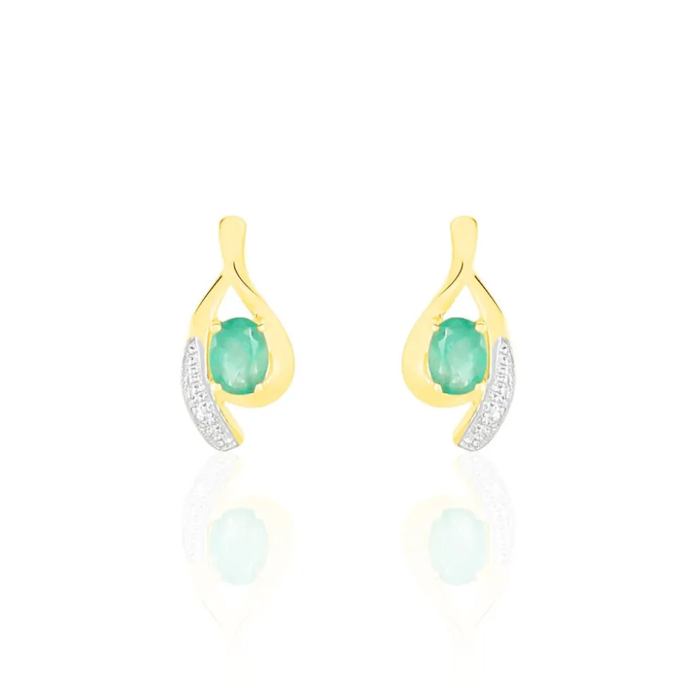 Boucles D'oreilles Puces Sagesse Or Jaune Emeraude Et Diamant