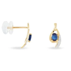 Boucles D'oreilles Puces Sagesse Or Jaune Saphir Et Diamant