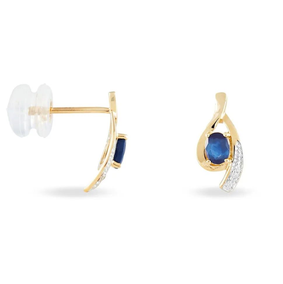 Boucles D'oreilles Puces Sagesse Or Jaune Saphir Et Diamant