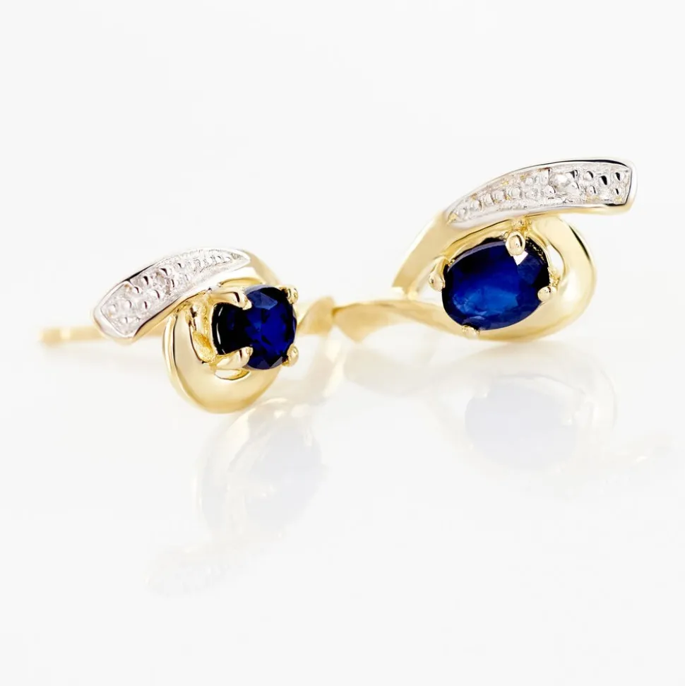 Boucles D'oreilles Puces Sagesse Or Jaune Saphir Et Diamant