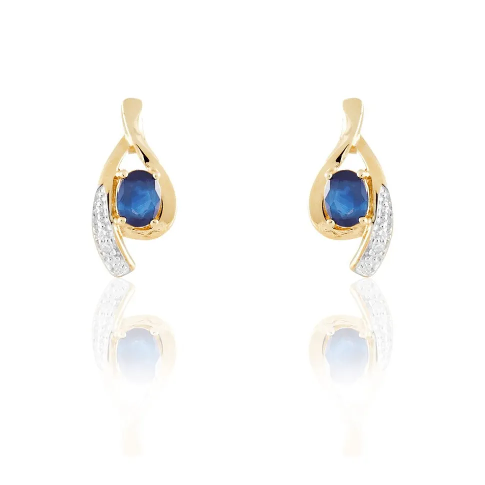 Boucles D'oreilles Puces Sagesse Or Jaune Saphir Et Diamant