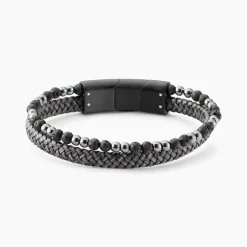 Bracelet Jourdan Cuir De Vache Gris Hématite Pierre De Lave