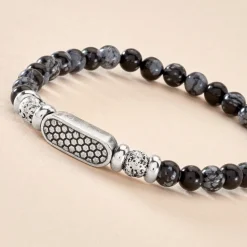 Bracelet Philo Acier Blanc Obsidienne Pierre De Lave