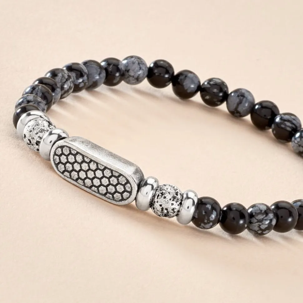 Bracelet Philo Acier Blanc Obsidienne Pierre De Lave