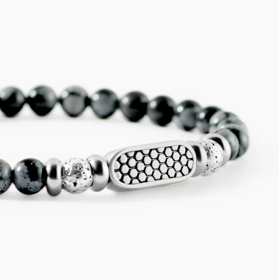 Bracelet Philo Acier Blanc Obsidienne Pierre De Lave