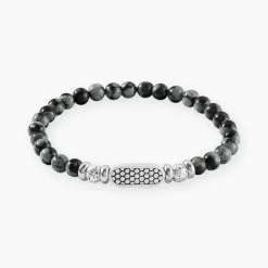 Bracelet Philo Acier Blanc Obsidienne Pierre De Lave